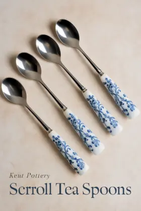 Kent Potter 786460979154 Pottery Scroll Tea Spoons Blue And White Ceramic Collectible Set Of 4
