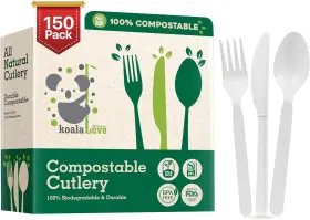 Koalalove 705353681592 100% Compostable Cutlery Knives Forks Spoons 150 Large Disposable Biodegradable