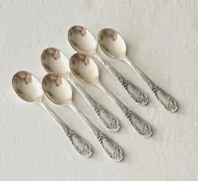 Kmi1 Kolchug Mizar Mhu Set Of 6 Demitasse Spoons Ornate Floral Nickle Handle