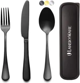 Lanskyware 300692538325 Portable Travel Utensils Set 18/8 Stainless Steel 3 Pcs Cutlery Black