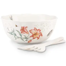 820581 Lenox Butterfly Meadow Salad Bowl And Servers 4.10 Lb Multi
