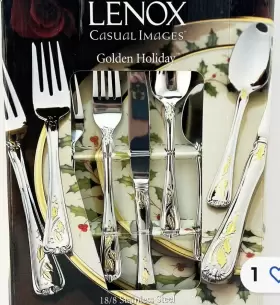 9836097 Lenox China Kirk Stieff Golden Holiday Xmas Flatware 5 Piece Place Setting For 4