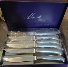 316864 Leonard Silver Mfg Co Old Rockport Pistol Grip Handle Steak Knives Set Of 6 New
