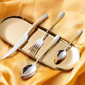 Lovcoala 766429682202 16-piece Hammered Silver Gold Silverware Set Modern 18/10 Stainless Steel Fla #3