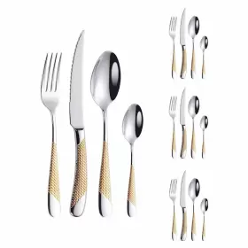 Lovcoala 766429682202 16-piece Hammered Silver Gold Silverware Set Modern 18/10 Stainless Steel Fla
