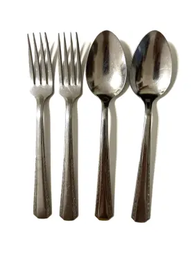 Mjs2 Majesco Vintage Stainless Dinner Forks Soup Spoons Leaves On Edge Lot Of 4
