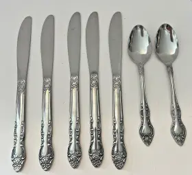 Unf33 Mfg Silver Japan Rose Scrolls Stainless 5 Butter Knives 2 Teaspoons