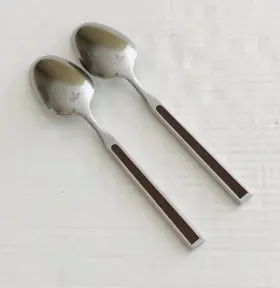 Mwd20 Montgomery Ward Mw Stainless 2 Serving Spoons Satin Brown Wood Insert #3