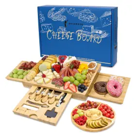 Mosomboo 852612001704 Bamboo Charcuterie Board Set Large Rectangular Cheese With Slideout Drawer