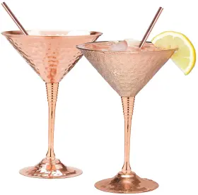 Mosscoff 850041598147 Copper Martini Glasses Set Of 2-9.5oz - With 2 Straws. Hand Hammered R