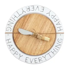 Mud Pie 718540814406 Happy Cheese Plate And Board Set 10.5 Inch Dia White