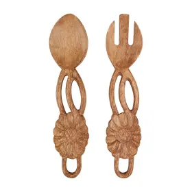 Mud Pie 718540898086 Carved Flower Salad Servers 11 Inch Brown