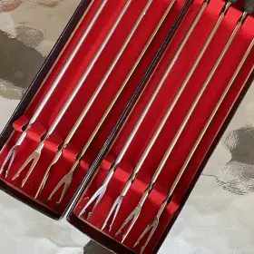 R-6385 National Silver Co Fondue Forks Mcm 8 Vtg Wood Handle Stainless Steel Made In Japan Color Coded 60s #3