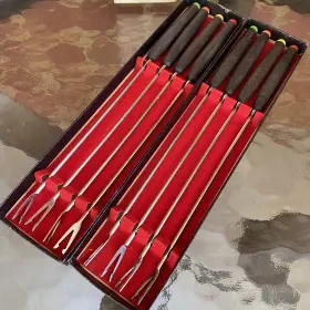 R-6385 National Silver Co Fondue Forks Mcm 8 Vtg Wood Handle Stainless Steel Made In Japan Color Coded 60s