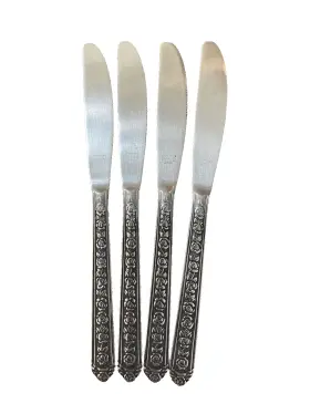 Nst116 National Stainless Solid Dinner Knives 8 1/4 Inch Floral Handle Japan 4 Pcs