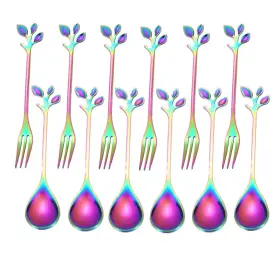 Leaf-forkspoon-12pcs-color Newote 12 Pieces Stainless Steel Leaf Shape Mini Dessert Spoons Forks Set 4.7 Inch Home Kit