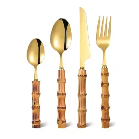 S2105-26 Nobrand Natural Bamboo Handle Cutlery Set Stainless Steel Dinnerware Kitchen Silverware