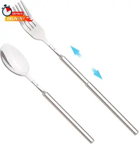 Keshensuocancha01-w Omobanu 2pcs Extendable Fork Spoon Telescopic Stainless Steel Dinner Long Forks Extends