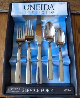 Oneida 078737222125 Portfolio Metra Stainless Flatware 20 Piece Set New In Box 18/0