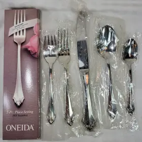 2915005a Oneida Kenwood Stainless Flatware 5pc Place Setting Knife 2 Forks Spoons Nos