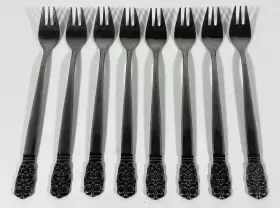 Ohs75 Oneida 8 Pc Japan Northland Stainless Cocktail Forks 6 Inch Black Scrolls