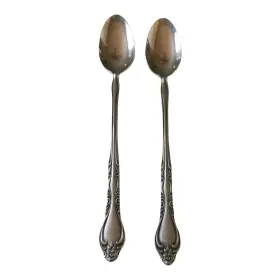 Orl26 Orleans Silver Stainless Japan 2 Iced Tea Long 7 1/2 Inch Spoons Flowers Glossy
