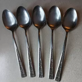Orl39 Orleans Silver Vtg Mcm Inch Stainless Flatware 5 Table Spoons Floral Korea Tablespo