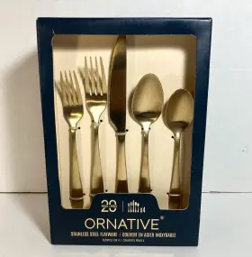 Ornative 810091103418 20 Piece Stainless Steel Flatware Matte Gold Dishwasher Safe Nwb