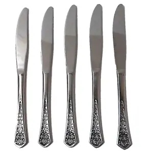 74196 Oxford Hall Japan 5 Pc Stainless Queens Tapestry Rose Knives Vtg Flatware