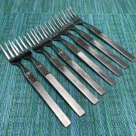 Oxh58 Oxford Hall 8 Stainless Cocktail Forks Burnished Crosshatch Japan Vtg