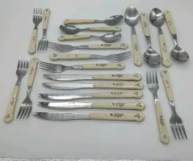 096-113-00 Pfaltzgraff 21 Piece Tea Rose Stainless Steel Flatware Cutlery Fork Spoon Read
