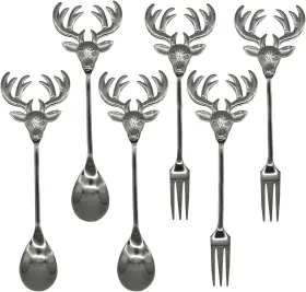 Pu250 Pinenjoy 6pcs Elk Head Spoon Fork 5.47inch Silver Christmas Reindeer Flatware