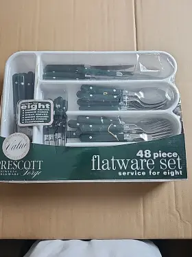 Prescott Forge 048676908503 Stainless Green Handles Flatware 48 Pieces And Tray/service 8 Nib