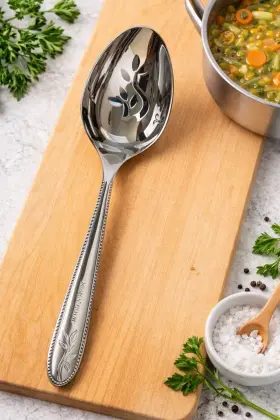3942 Princess House Amalia Stainless Steel Floral Handle Glossy Slotted Serving Spoon