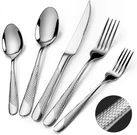 Cj786 Pureain Hammered Silverware Set 30 Pieces 30-piece Hammered-silver