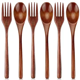 Aub087c6lbby Renawe Wooden Spoon And Fork For Eating Utensil Set Lunch Wood Cutlery Small Brown