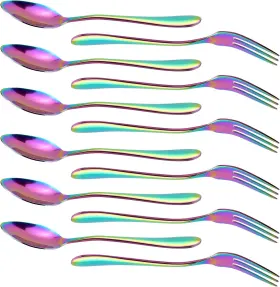 Reton 744110475227 12 Pcs Dessert Forks And Spoons Silverware Set Stainless Steel Rainbow