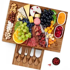 Royal Craft Wood 850043025382 Bamboo Charcuterie Boards - Cheese Board Set With 2 Sauce Bowls 4 Knives U