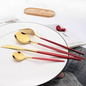 1013mirr46-redgold Snplowum Mirror Cutlery Serving Set 24-piece 18/0 Stainless Steel Silverware With Red #3