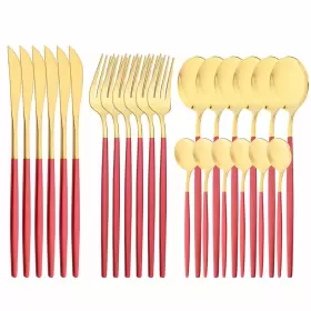 1013mirr46-redgold Snplowum Mirror Cutlery Serving Set 24-piece 18/0 Stainless Steel Silverware With Red