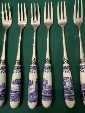 1502185 Spode Blue Italian Stainless Steel Pastry Forks Porcelain Handles - Set Of 6