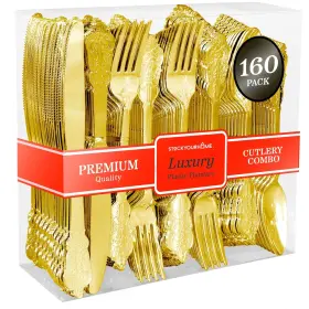 3463 Stock Your Home 840342300808 160 Pcs Gold Plastic Silverware Set- 80 Forks 40 Spoons K
