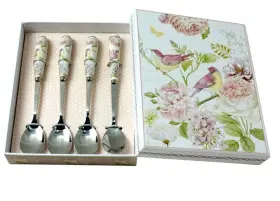 Stpgoods 887682428085 Birds In Rose Garden Teaspoon Set Stainless Steel Spoons With Ceramic Handle