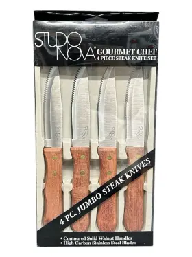 10078737110849 Studio Nova 4 Jumbo Steak Knives Gourmet Chef 4-3/4 Inch Solid Walnut Handles Stainless Steel