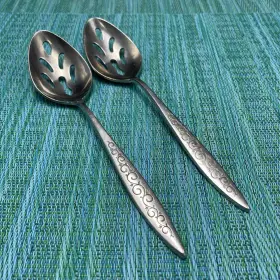 Syf31 Stylecraft 2 Stainless Slotted Serving Spoons Scroll Pierced Vtg Japan