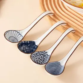 Sj2205 Syjan Home Ceramic Soup Spoons Sets Of 4 Asian Long Ramen Japanese #3
