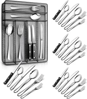 Teivio 735317986944 24 Piece Silverware Set Flatware Utensils Mirror Silver