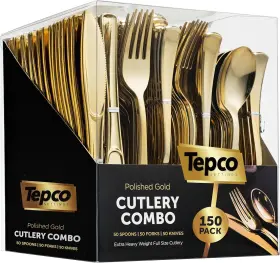 Tepco Settings 860007495830 150 Gold Plastic Silverware Set - Disposable Flatware 50 Forks Spoons