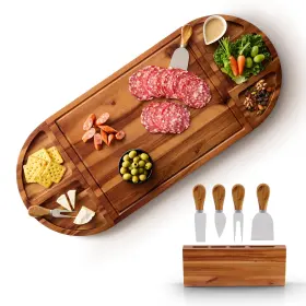 Tidita 662476799514 30 Inch Large Acacia Wood Charcuterie Board With 4 Knives Set Magnetic - 3 P