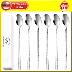 Tsweihome 445048984999 8.4-inch Hammered Ice Tea Spoons Long Handle Coffee Cream S